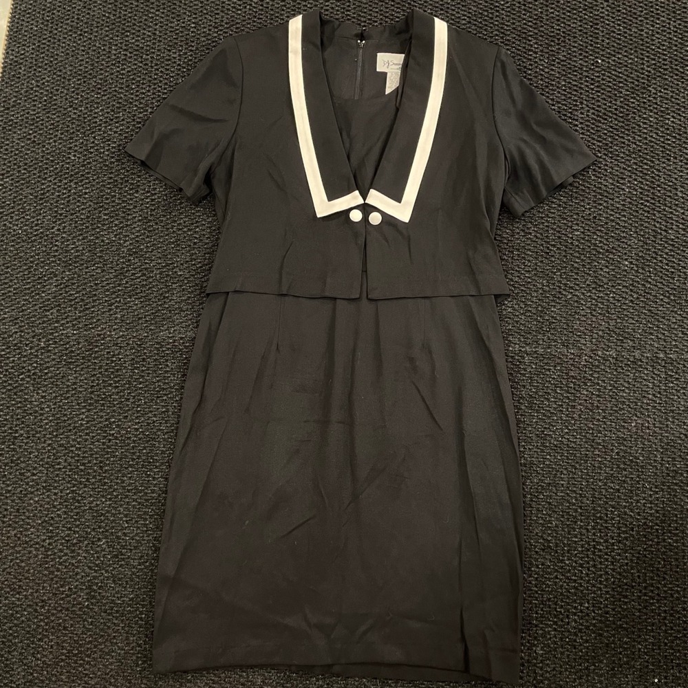 Vintage DJ Summers Black Petite Sailor Dress‎ 12P V Neck Collar Short Sleeve